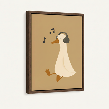 Cute duck headphones illustration in dark walnut float frame shown at left-facing angle on off-white background
