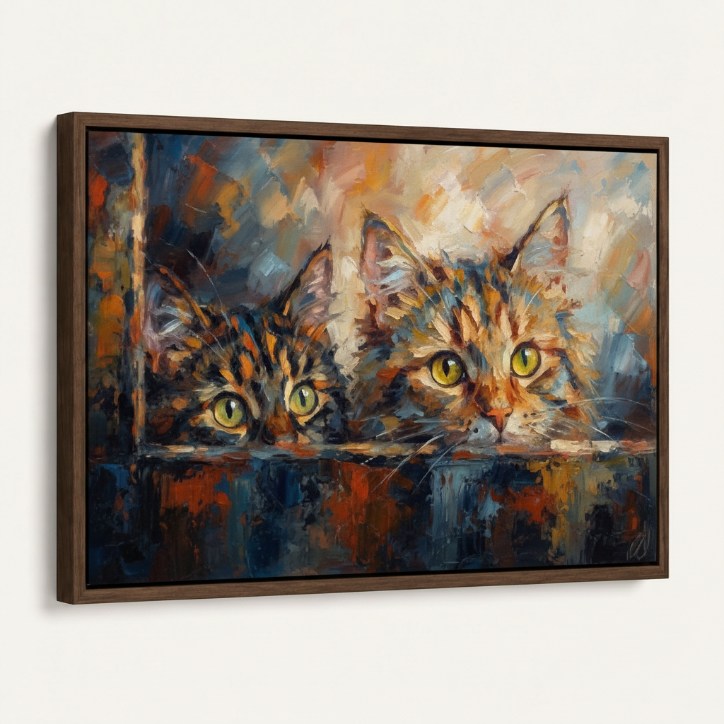 Framed canvas cat painting at 45-degree angle on white background showing dark walnut float frame and 2mm dark gap
