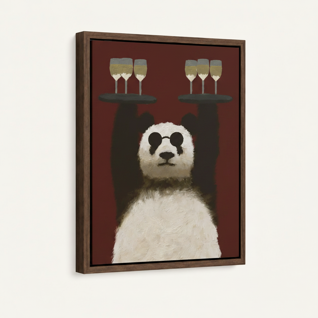 Dark walnut float frame canvas art print of panda waiter with burgundy red background