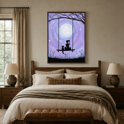 Girl cat moonlit swing dreamy canvas wall art hanging above bed in cozy bedroom interior