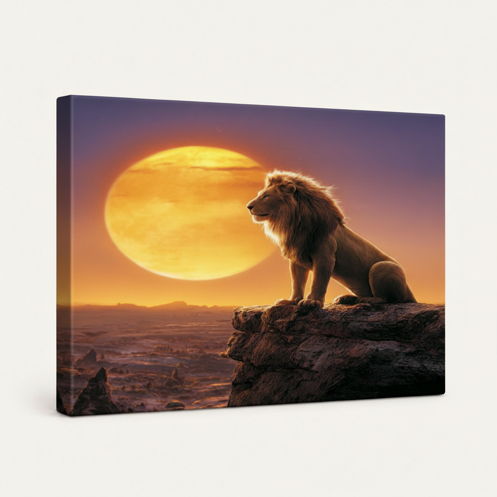 Gallery-wrapped lion canvas side view showing deep stretcher bars and warm amber edge wrap