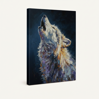 Gallery wrapped howling wolf canvas art angled view on white background