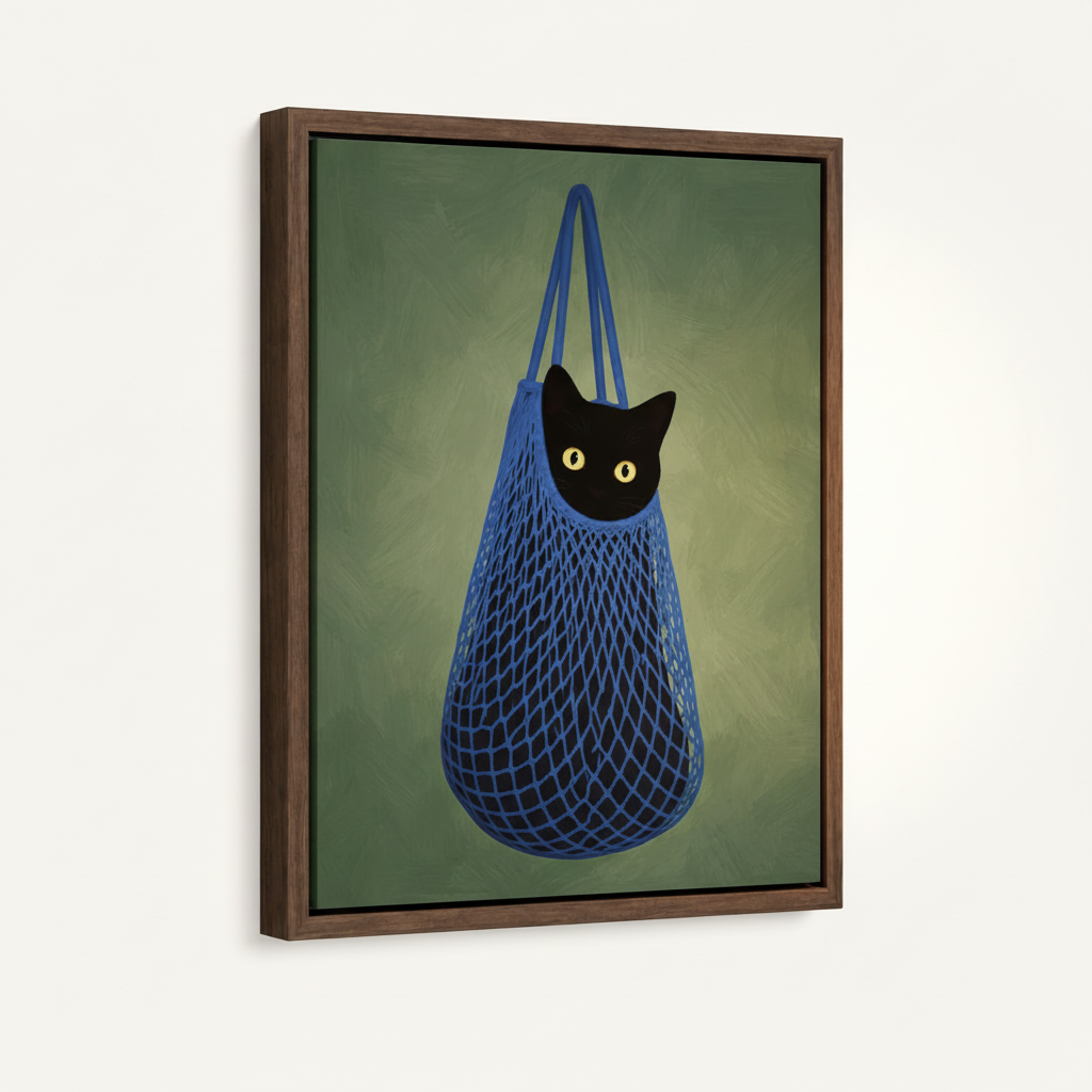 Framed black cat canvas wall art in dark walnut floating frame, 3/4 angle product view