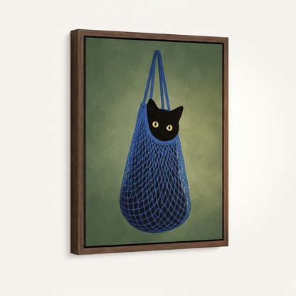 Framed black cat canvas wall art in dark walnut floating frame, 3/4 angle product view