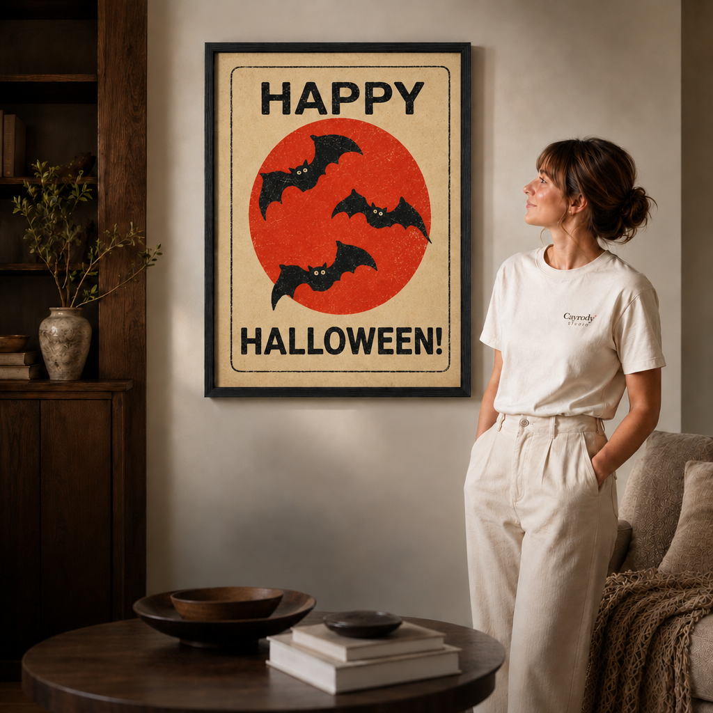 Black-framed Halloween bat canvas with an orange moon styled in a neutral living room.
