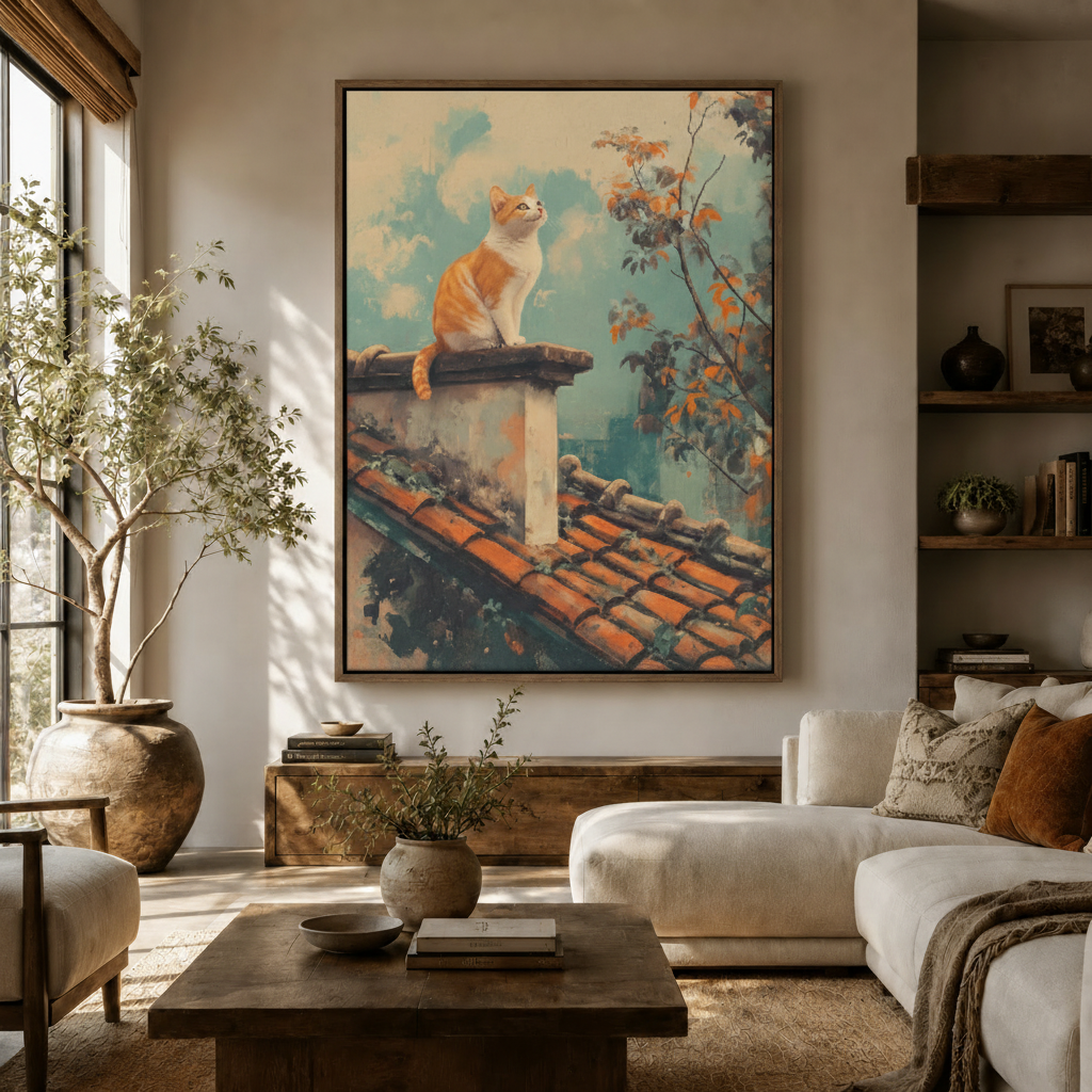 Nostalgic orange cat rooftop canvas in dark frame hung in warm Japandi-style living room