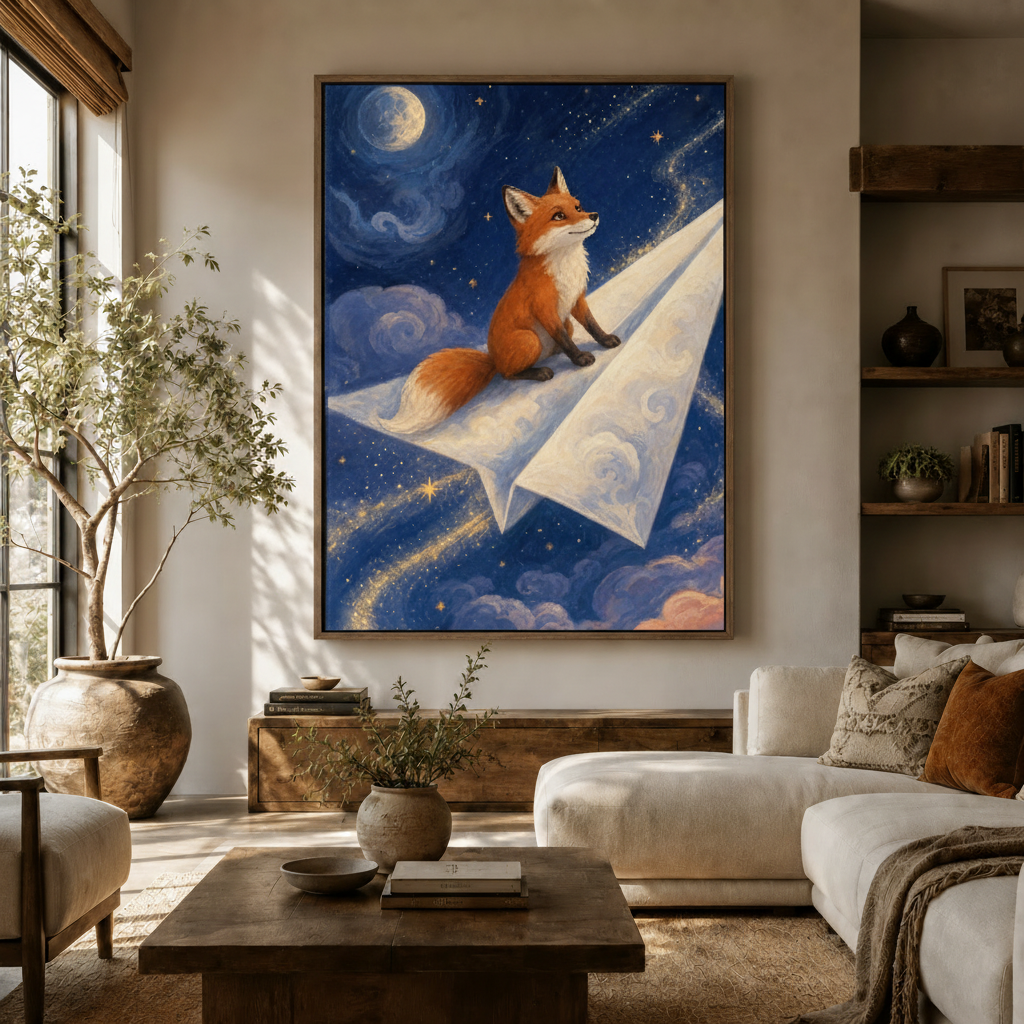 Whimsical fox starry night impressionist canvas wall art displayed in modern living room above sideboard