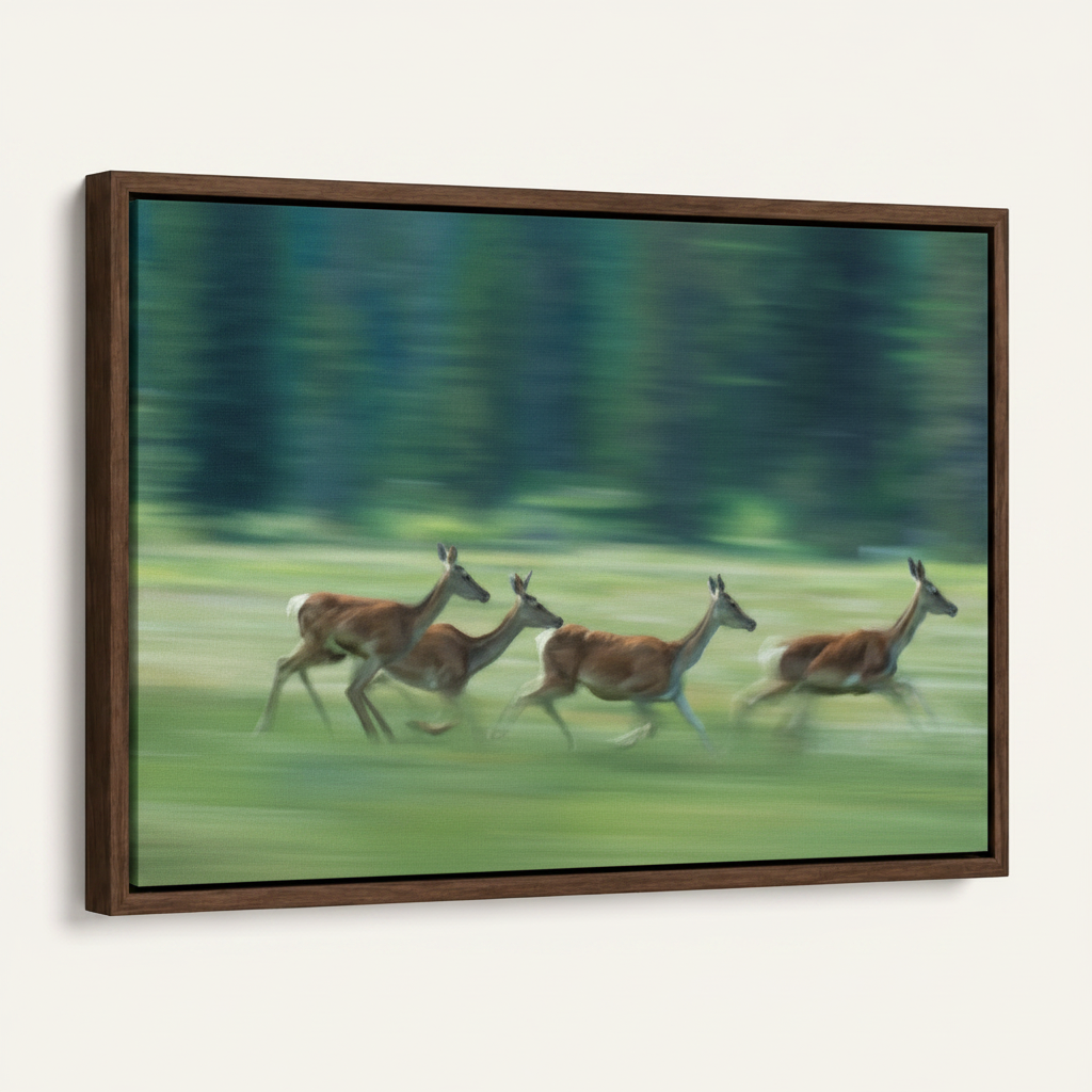 Vintage running deer oil painting in dark walnut frame above living room sideboard