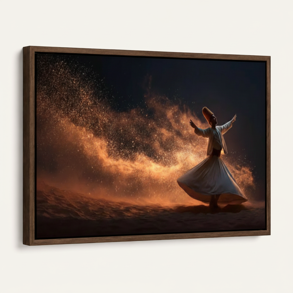 Dark walnut floater frame canvas of whirling dervish fire dance on off-white background, angled product view