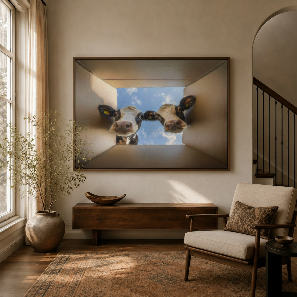 Framed funny cow canvas wall art displayed above console table in warm neutral entryway