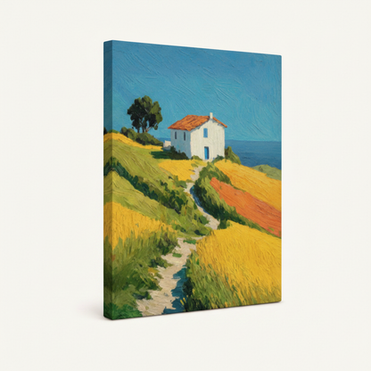 Gallery-wrapped Mediterranean landscape canvas print shown at angle on clean white background