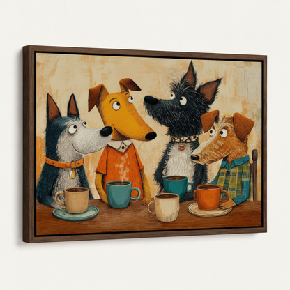 Dark walnut float frame dog coffee canvas art angled product view on white background