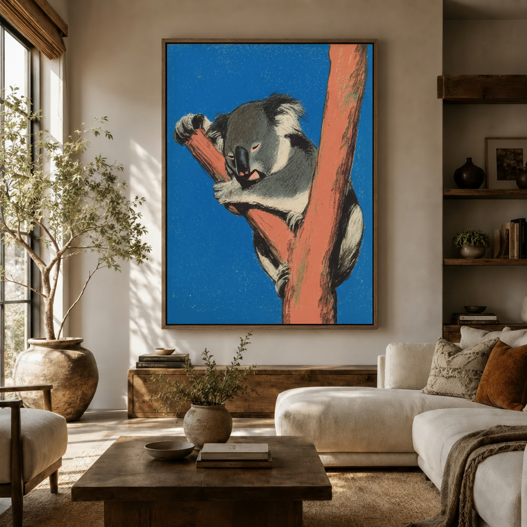 Vintage koala canvas wall art in walnut frame displayed above sideboard in warm neutral living room