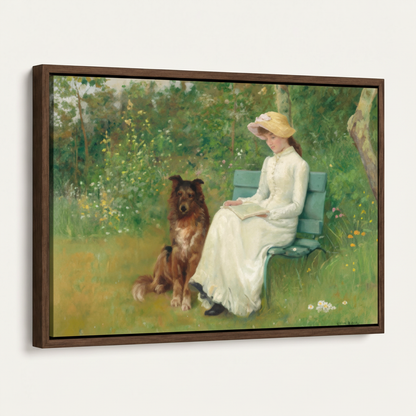 Victorian woman with dog garden canvas in dark walnut float frame, angled product view on white background