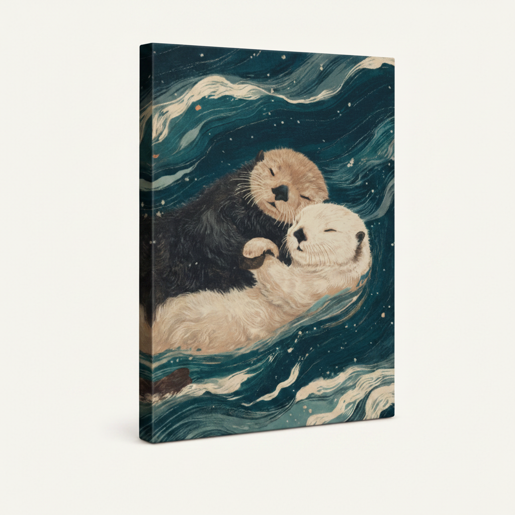 Gallery wrapped cuddling otters Japanese art canvas print with dark sides shown at 3/4 angle on white background
