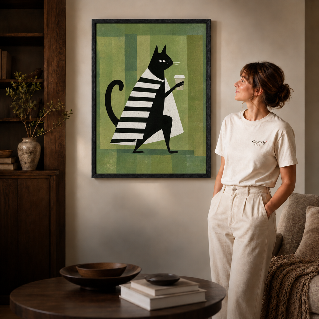 Black framed mid-century cat artwork adding playful character to a warm modern interior