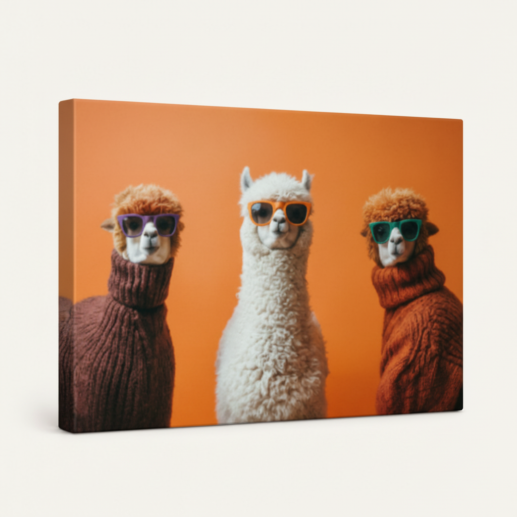 Gallery-wrapped funny alpaca canvas print angled view showing thick wrapped sides on white background