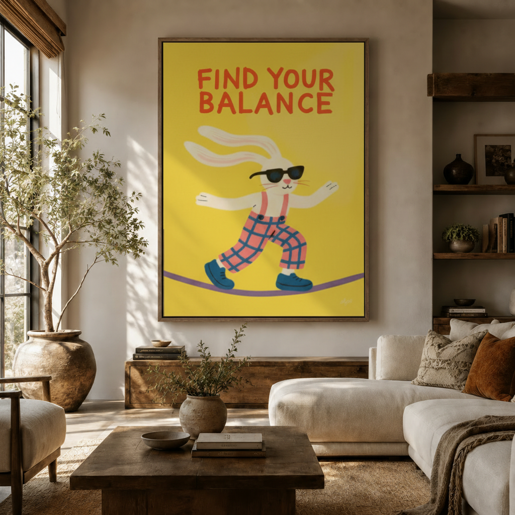 Find your balance bunny tightrope retro pop art canvas in walnut frame above rustic sideboard in bright living room