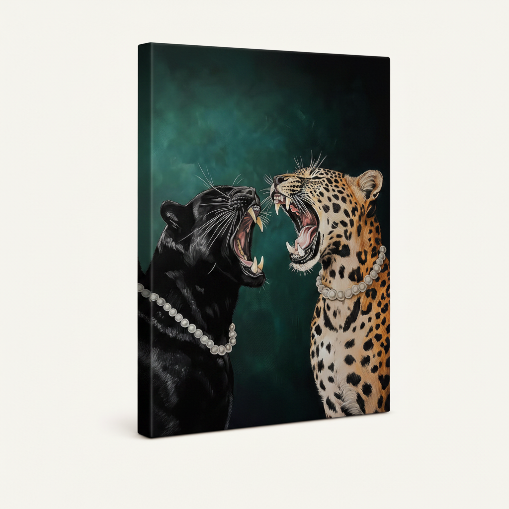 Gallery-wrapped panther leopard canvas shown at angle on white background