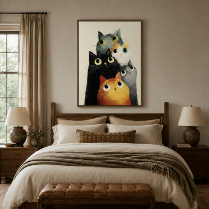 Watercolor cat canvas wall art centered above wooden bed in cozy warm-toned bedroom