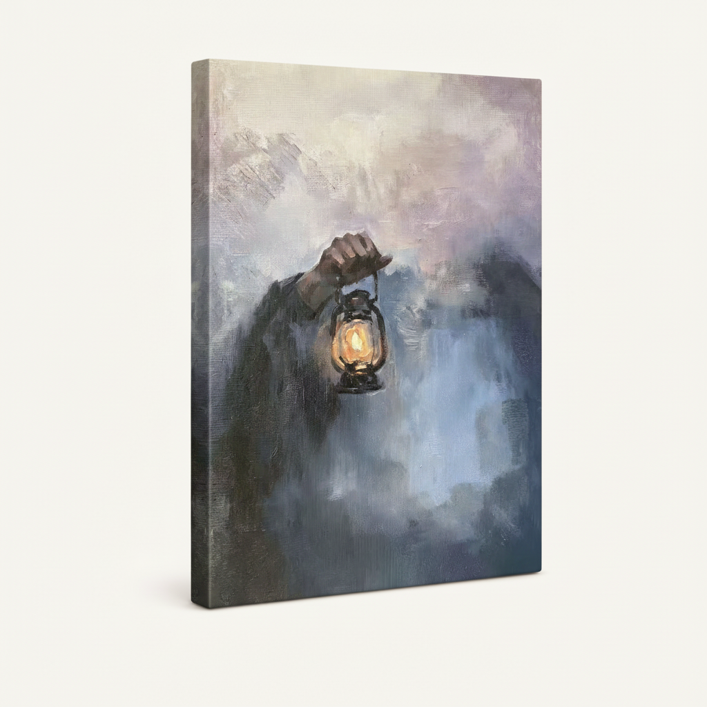 Gallery wrapped hand holding lantern in mist canvas shown in angled 3D product view on white background
