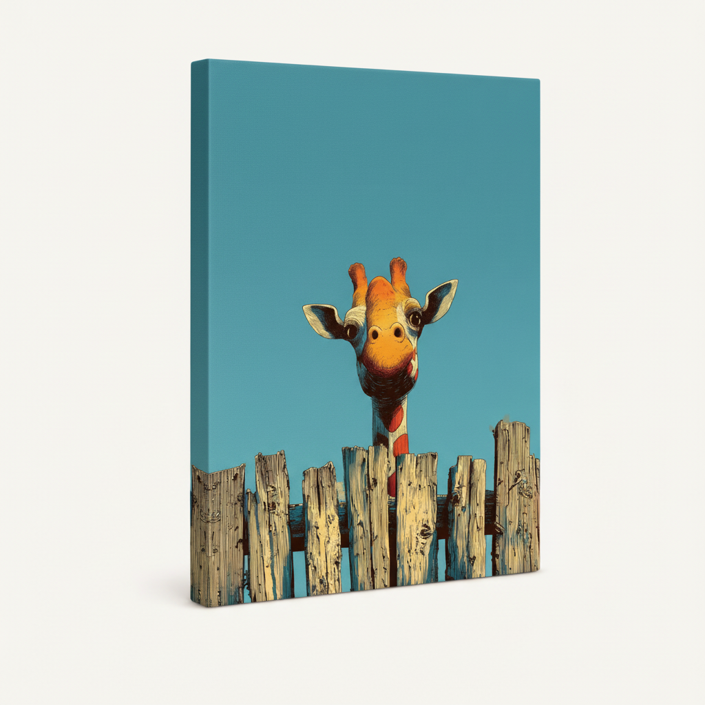 Giraffe peeking fence pop art — gallery-wrapped canvas, no frame, white background, 3/4 angle