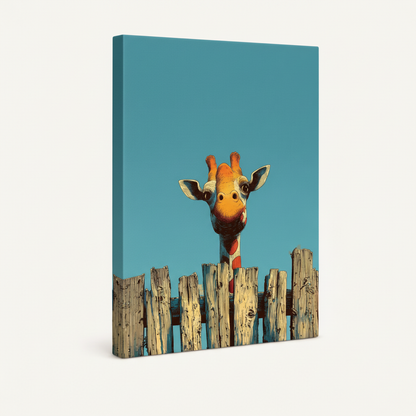 Giraffe peeking fence pop art — gallery-wrapped canvas, no frame, white background, 3/4 angle