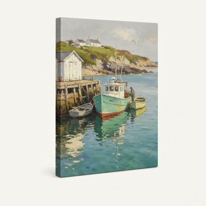 Gallery-wrapped harbor oil painting canvas angled product view, pale blue sides, no frame