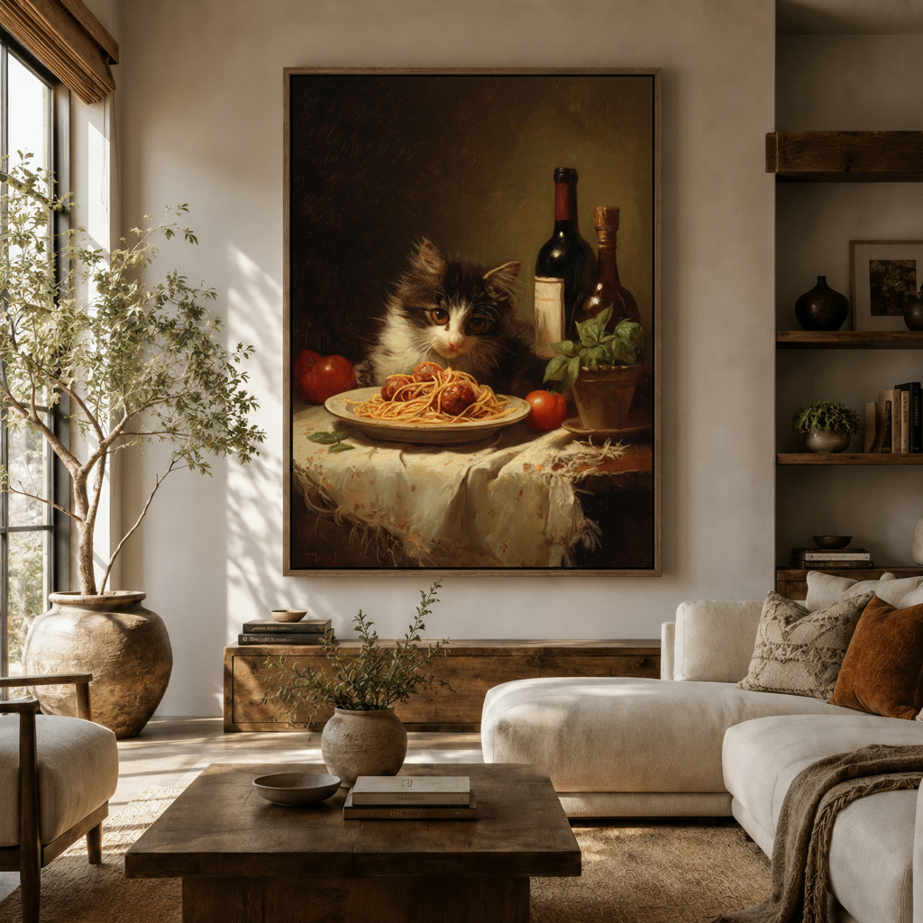 Witty cat spaghetti old master canvas in walnut frame above rustic sideboard in warm cozy living room