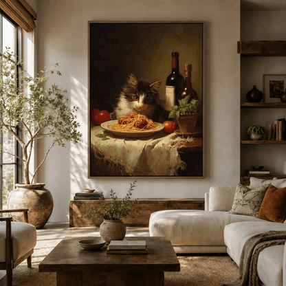 Witty cat spaghetti old master canvas in walnut frame above rustic sideboard in warm cozy living room