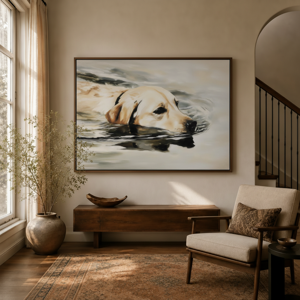 Realistic Labrador swimming watercolor canvas art hanging in warm entryway beside staircase and linen armchair
