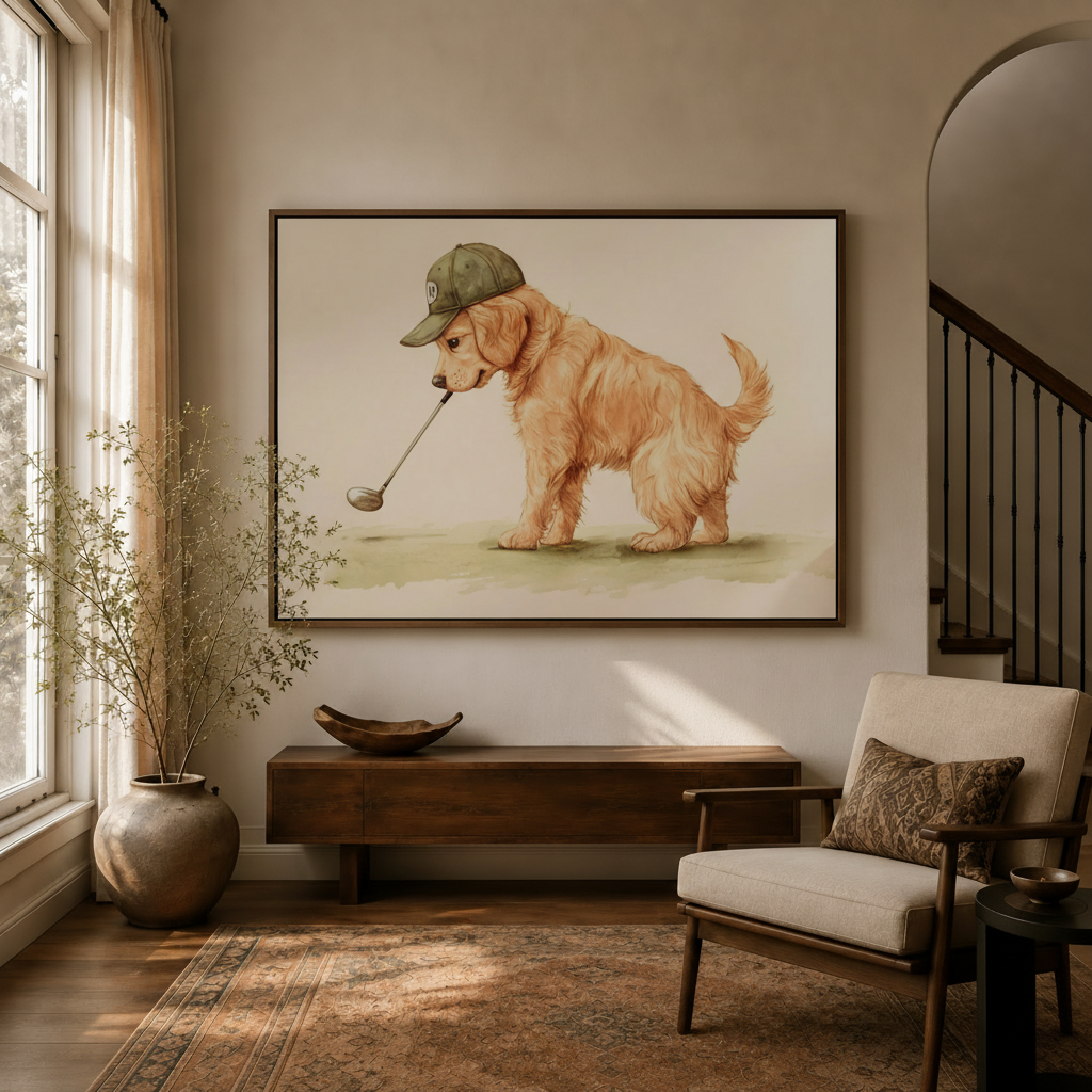 Charming golden retriever puppy golf cap illustrated canvas art hanging in warm entryway beside staircase