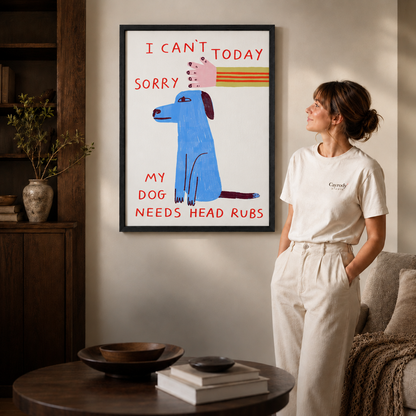 Black framed dog lover artwork styled in a warm contemporary living room
