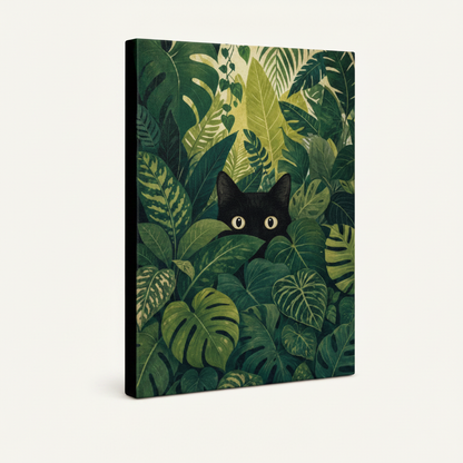 Gallery-wrapped canvas print of black cat jungle illustration shown at angle on white background