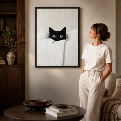 A curious black cat canvas becomes a focal point beside a bookcase, soft sofa, and woman in white.