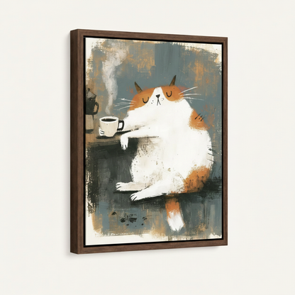 Dark walnut framed chubby cat coffee canvas art product mockup on white background at left-angle view