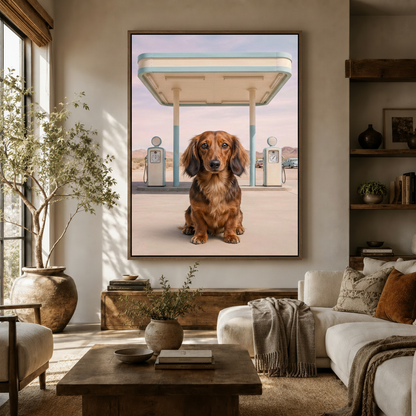 Soulful dachshund mint-blue gas station retro portrait canvas above dark wood sideboard in warm living room