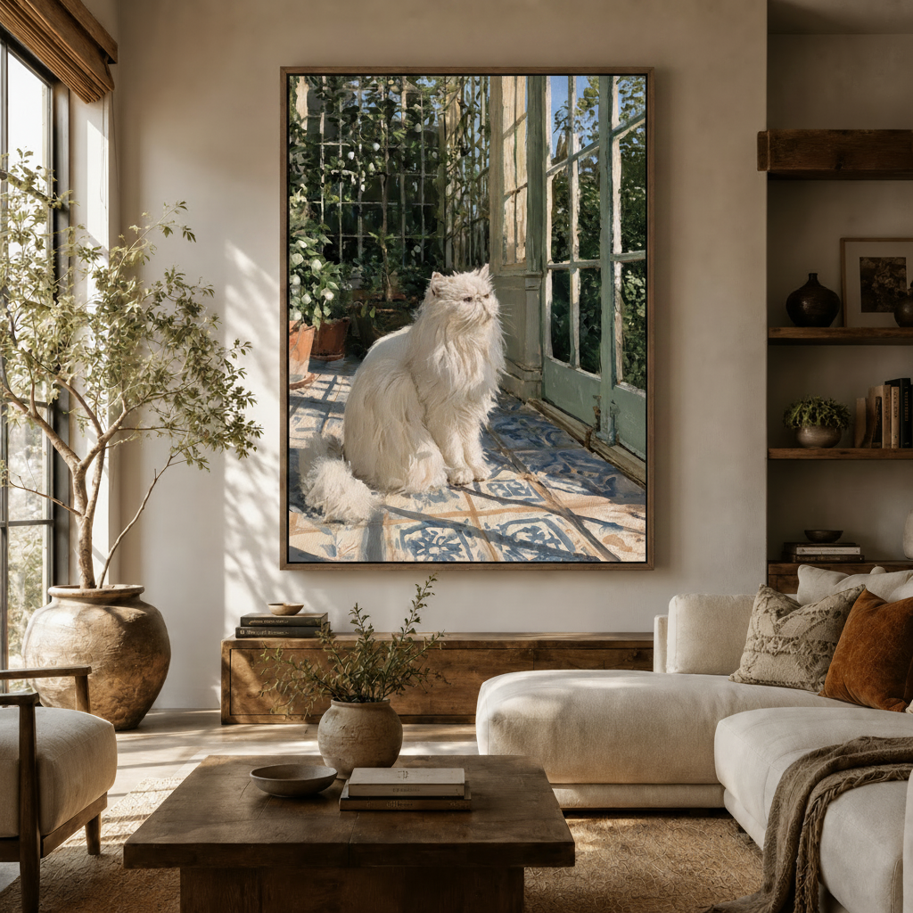 Impressionist white Persian cat canvas print styled in a bright living room with cream sofa and olive tree