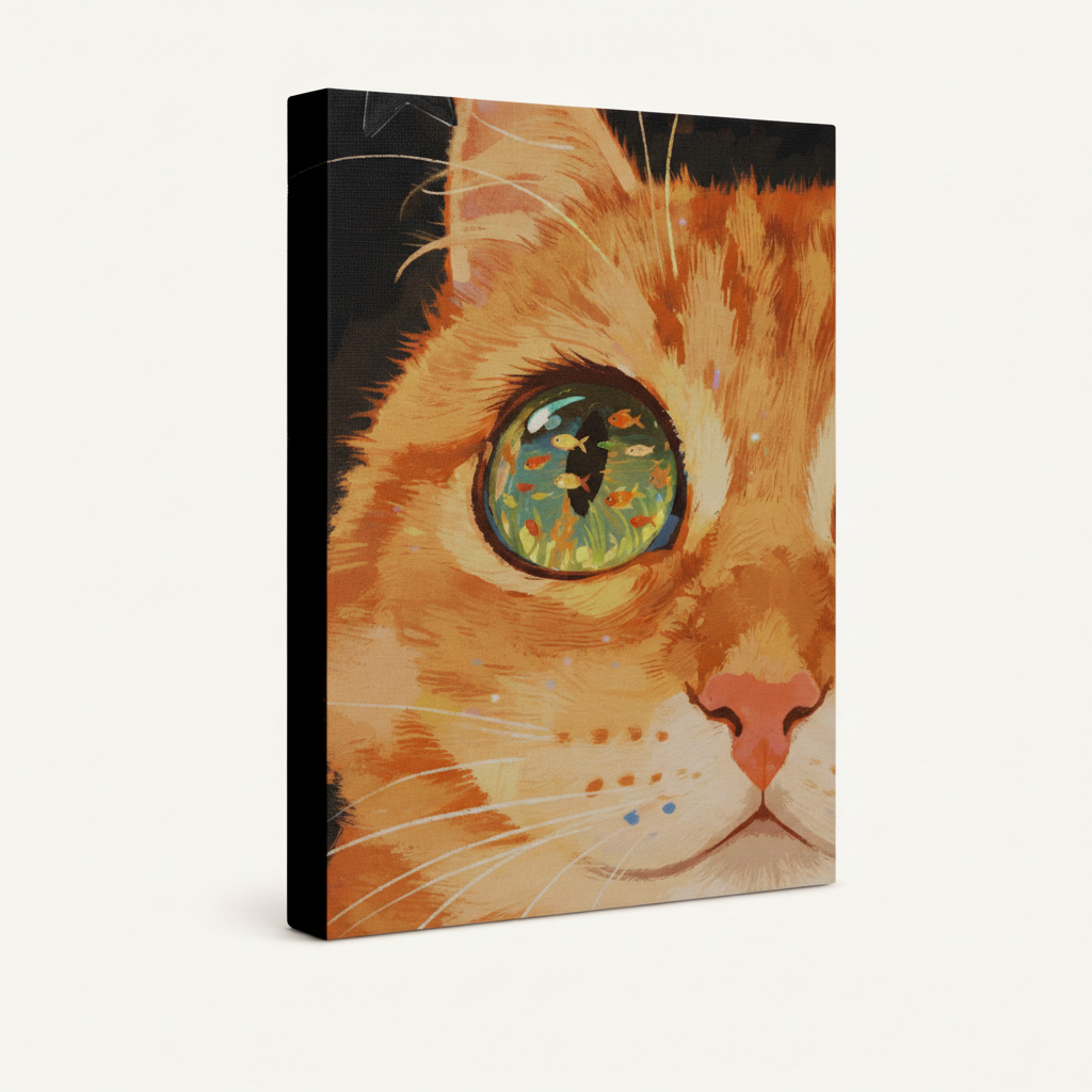 Gallery-wrapped orange cat eye aquarium reflection canvas print on white background, angled 3/4 view