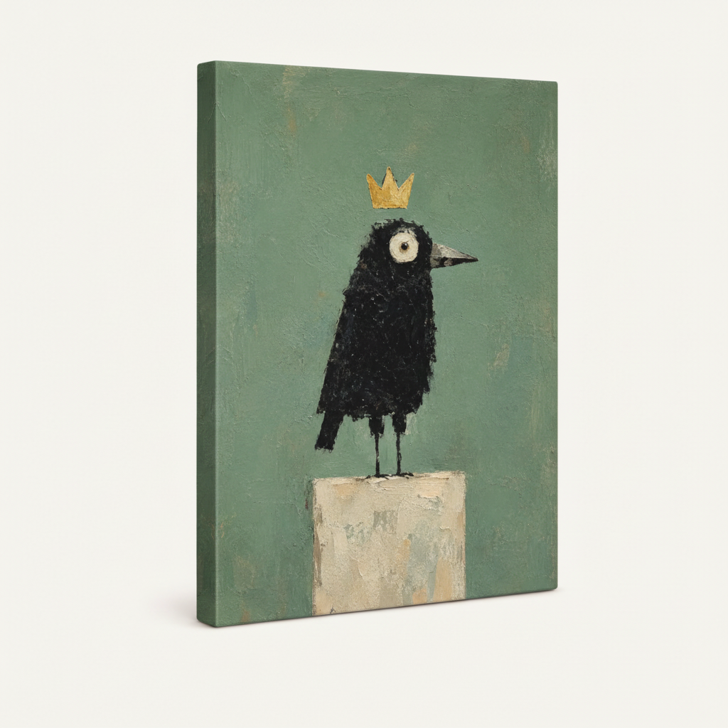 Gallery-wrapped canvas of whimsical black bird with crown, angled view showing thick canvas edges