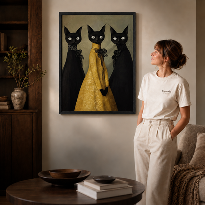 Black framed three cats wall art styled in a warm modern living room