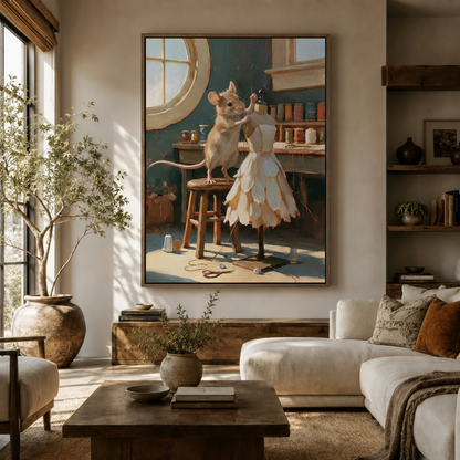 Fairy tale mouse tailor workshop classical whimsical canvas in walnut frame above rustic sideboard in warm living room