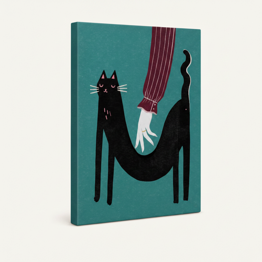 Gallery-wrapped funny cat shark canvas print at angle showing painted sides without frame on cream background