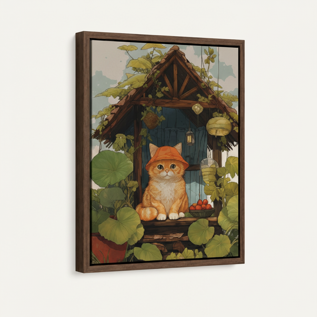  Framed whimsical cat in bucket hat cottage wall art in dark walnut float frame, angled view
