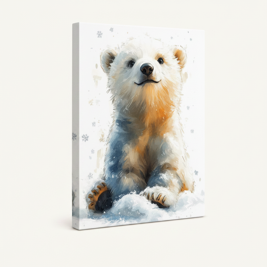 Gallery-wrapped canvas side view of smiling baby polar bear watercolor painting with snowflake background