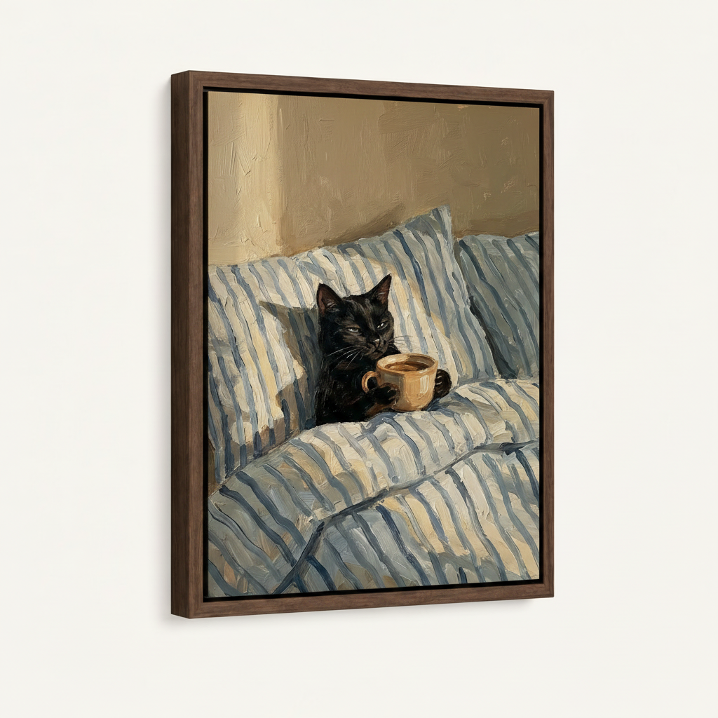 Dark walnut framed black cat coffee canvas art product mockup on white background at angle