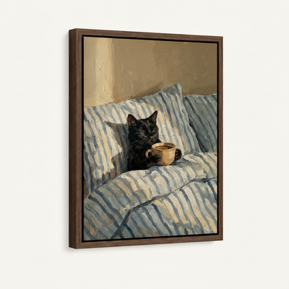 Dark walnut framed black cat coffee canvas art product mockup on white background at angle