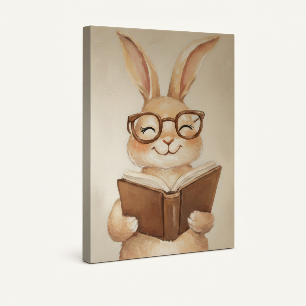canvas side view — Watercolor bunny with glasses reading book, cream background, visible wrapped edges
