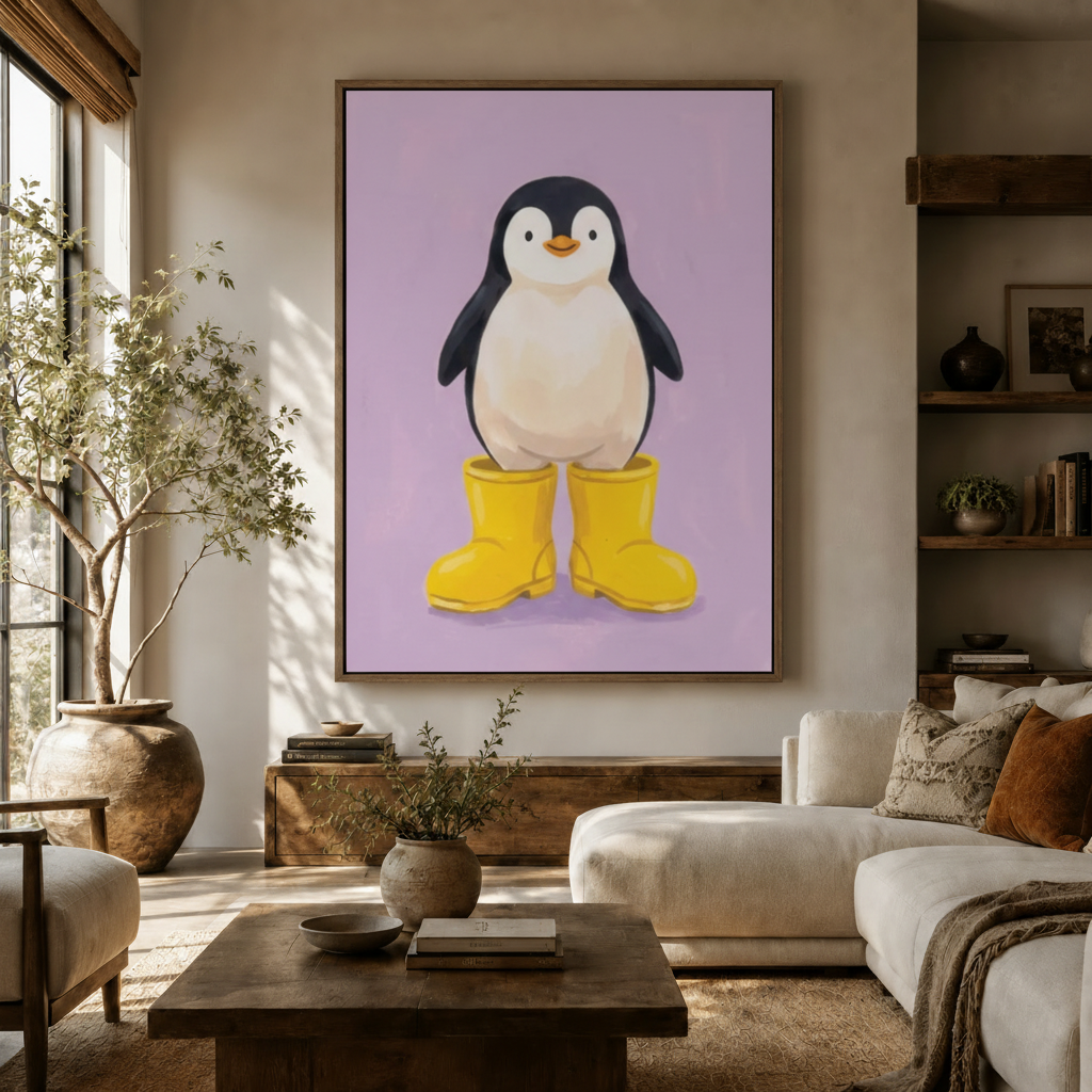 Adorable penguin yellow boots illustration canvas in walnut frame above rustic sideboard in warm living room