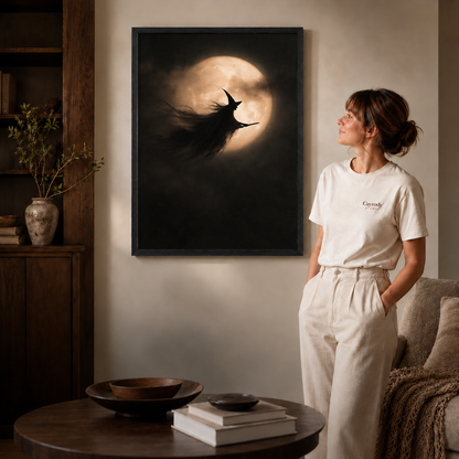 Black-framed witch silhouette flying across the moon in a cozy neutral living room.